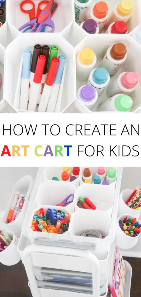 Organize all those supplies with this easy DIY art cart for kids! Here we show you how to take your kids craft supplies and put them all in one goto spot. Read here and discover how easy it is to create an adorable art cart for your toddlers or kids at Home of Malones. Diy Art Cart, Art Cart For Kids, Toddler Art Supplies, Art Supplies List, Kids Organization, Toddler Organization, Craft Cart, Kids Craft Supplies, Art Supply Organization