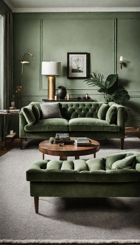 Sage Green Living Room Green Couches, Burgundy Room, Green Sofa Living, Sage Green Living Room, Dark Green Living Room, Dark Living Rooms, Set Sofa, Green Velvet Sofa, Green Walls