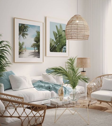 That's what I call tropical living room decor! Imagine how much some simple posters can do!🥰 Living Room Ideas Tropical, Simple Posters, Flip House, Coastal Decorating Living Room, Beach House Living Room, Beach House Interior Design, Hampton Style, Tropical Living, Coastal Interiors Design