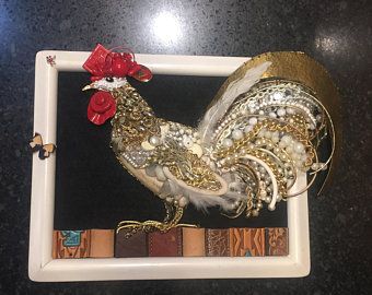 Jewelry Art Framed, Farm Jewelry, Framed Jewelry Art, Old Jewelry Crafts, Costume Jewelry Crafts, Framed Jewelry, Vintage Jewelry Repurposed, Jewelry Wall, Rooster Art