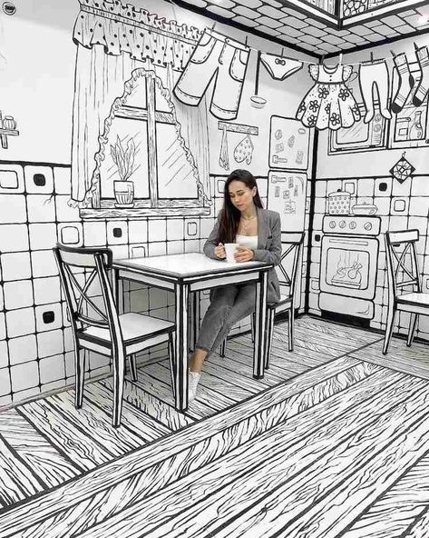 Stunning Cafes Will Make You Feel Like You're Stepping Into a Comic Book Cartoon Room, Cafe Idea, Doodle Wall, White Restaurant, Book World, White Cafe, Black And White Comics, Black And White Interior, Cartoon World