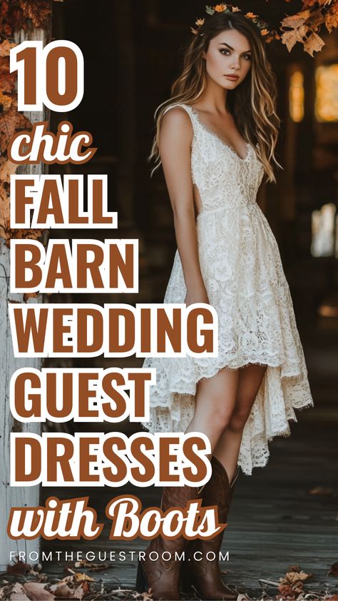 a woman wears fall barn wedding guest dress with boots Wedding Dress With Boots Country, Wedding Guest Dresses With Boots, Wedding Guest Dress With Boots, Dress With Boots Country, Barn Wedding Guest Dress, Farm Wedding Guest Outfit, Wedding Guest Dress Curvy, Dresses With Boots Fall, Country Wedding Guest Dress