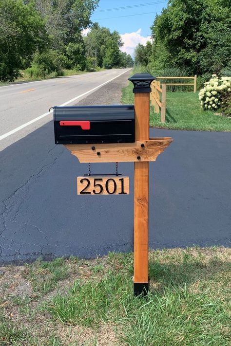 Mailbox Post Plans, Double Mailbox Post, Cedar Mailbox Post, Farmhouse Mailboxes, Outdoor Solar Lighting, Modern Mailbox Design, Mailbox Makeover, Wooden Mailbox, Mailbox Landscaping