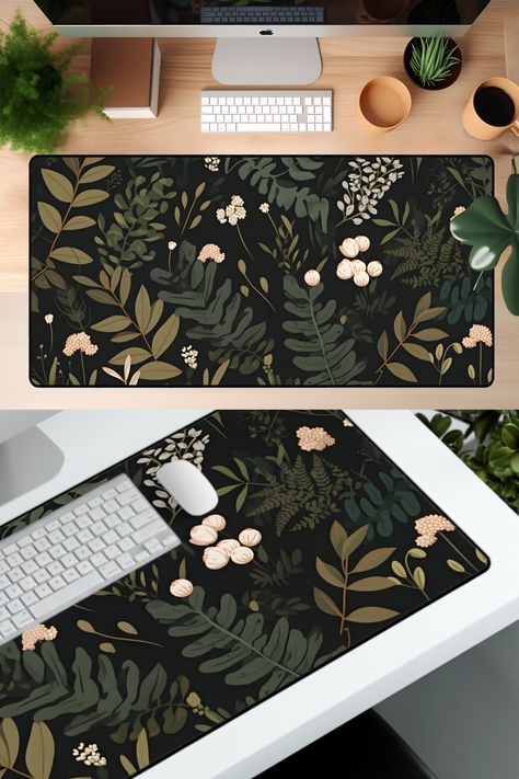 Ferns, Flowers, Dark Cottagecore Desk Mat Dark Green Desk Aesthetic, Desk Mat Aesthetic, Desk Pad Ideas, Work Cubicle Decor Ideas, Mouse Pad Design Ideas, Sage Green Desk, Flowers Sage Green, Work Cubicle Decor, Home Office Decor For Women