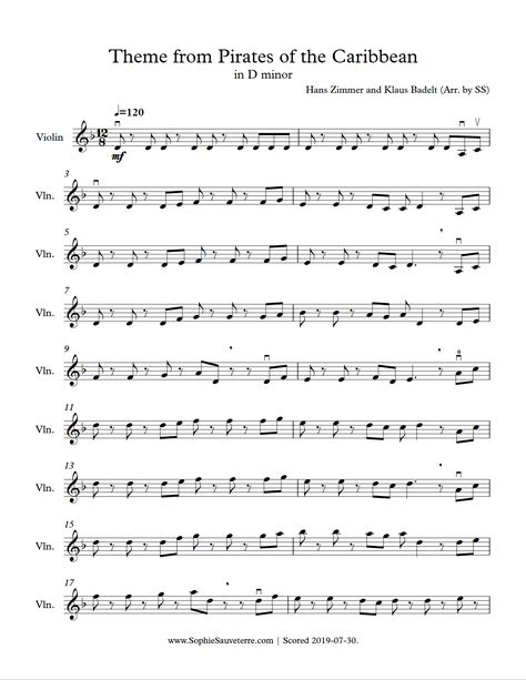 Pirates of the Caribbean – Theme – Simple Violin Arrangement – Sophie Sauveterre Simple Violin Sheet Music, Pirates Of The Caribbean Theme Song, Violin Notes Songs, Pirates Of The Caribbean Violin, Violin Fingering Chart, Violin Tips, Violin Notes, Music Instruments Diy, Piano Songs Sheet Music