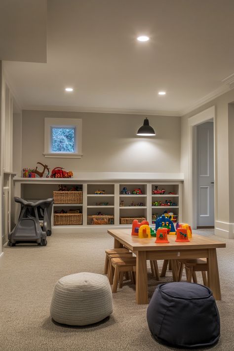 Some Thoughts On Basement Makeovers – Everyday Inspo Neutral Basement Playroom, Modern Basement Playroom, Basement Family Room Playroom, Basement Play Area And Family Room, Bonus Room Playroom Ideas, Kid Friendly Basement Ideas, Finished Basement Paint Colors, Crawl Space Organization, Basement Toy Room