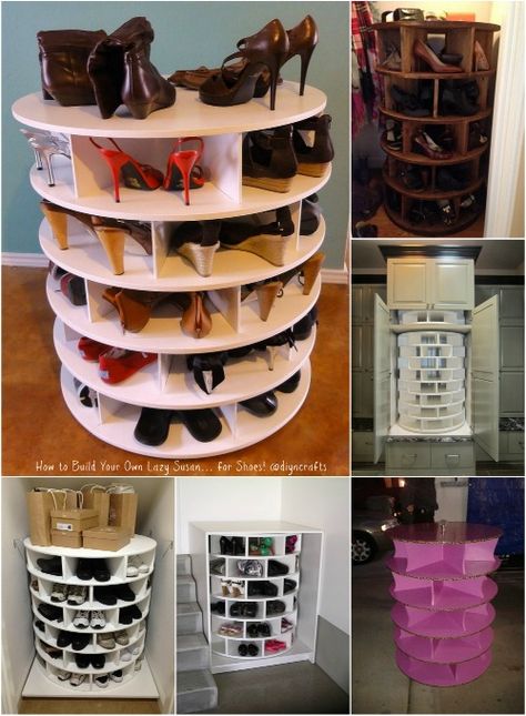 How to Build Your Own Lazy Susan… for Shoes! Lazy Susan Shoe Rack, Shoe Shelf Diy, Diy Kast, Spinning Shoe Rack, Shoe Storage Hacks, Shoe Storage Design, Shoe Organization Diy, Diy Lazy Susan, Closet Diy