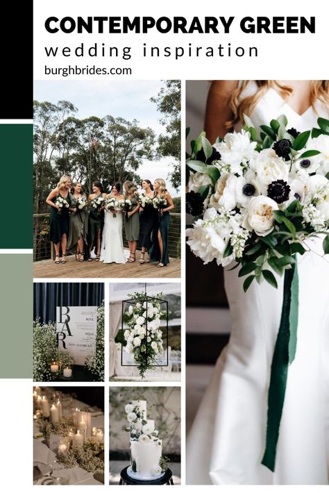 Green Black White Gray Wedding Decorations, Black And White Wedding With Green Accents, Emerald Black White Wedding, Wedding Black And Green, Green White Gold Black Wedding Color Palettes, Dark Green And White Wedding Theme, Emerald Green And White Wedding Decor, White Black Green Wedding, White Green And Black Wedding