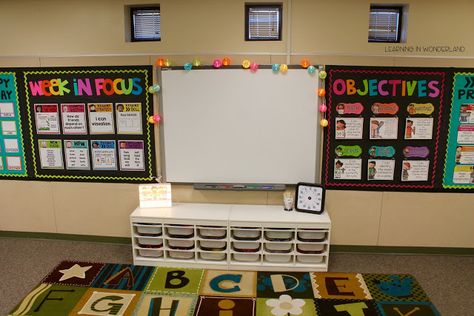 Classroom Tour 2017-2018 | Learning In Wonderland Smart Board Decorations, Smart Board Classroom Set Up, Classroom Lights, Bright Classroom Decor, 1st Grade Classroom, Bright Classroom, Classroom Arrangement, Center Organization, Decorating Room