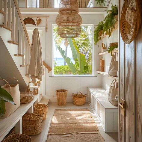 68 Beachy Boho Mudrooms: Where Sea Breezes Meet Free-Spirited Design Beach Vibe Home Decor, Boho Mud Room, Boho Mudroom, Beach House Mudroom, Mixing Woods, Boho Beach House, House Flippers, Hawaii Homes, Surf House