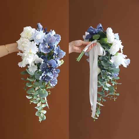 Hand Bucket Wedding Flowers, Blue Orchid Wedding Bouquet, Wedding Bucket Flowers, Stock Wedding Bouquet, Gold Wedding Reception Tables, Blue Orchid Flower, Modern Bridal Bouquets, Wedding Bucket, Wedding Bouquets Bride