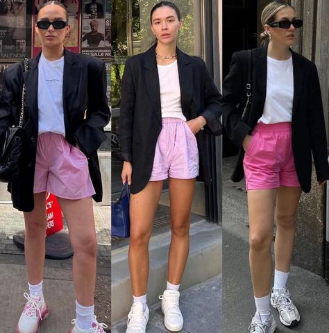 1; 2 or 3? https://www.instagram.com/accounts/login/?next=/p/Cev1hm1K8Rv/ #womensfashion Boxer Shorts Street Style, Pink Boxer Shorts Outfit, Shorts With Blazer Outfits, Track Shorts Outfit, Pink Shorts Outfits, Fashion Style Guide, Minimalist Fashion Outfits, Weekend Dresses, 가을 패션