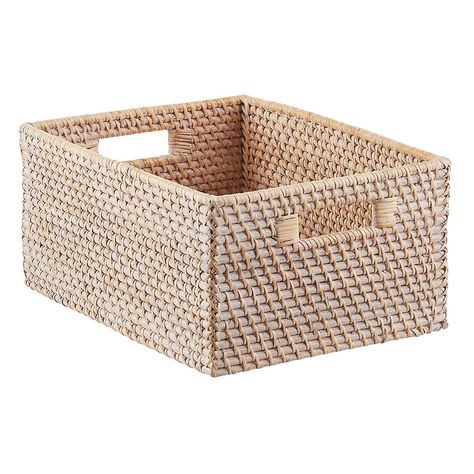 Whitewashed Rattan Storage Bins with Handles | The Container Store Beach House Storage, Elfa Closet System, Rattan Storage, Decorative Storage Boxes, Fabric Storage Bins, The Container Store, Closet Makeover, Custom Closets, Closet System