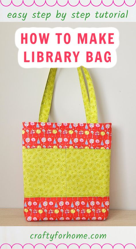 Red and green fabric tote bag with pocket. Library Bag Sewing Pattern, Book Bag Patterns To Sew, How To Make A Book Bag, Library Bag Pattern, Diy Book Bag Pattern, Book Bag Pattern Free, Hand Sew Bag, Library Book Bags For Kids, Quilted Book Bag