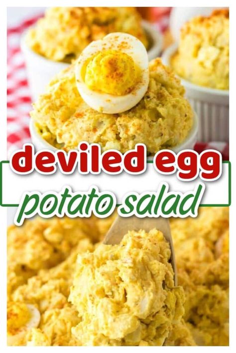 best potato salad, best potatoes for potato salad, deviled egg potato salad, deviled eggs, easy potato salad, potato salad, potato salad with egg Easy Cookout Side Dishes, Egg Potato Salad, Deviled Egg Potato Salad, Egg Potato, Easy Summer Side Dishes, Potluck Side Dishes, Cookout Side Dishes, Potato Salads, Classic Potato Salad