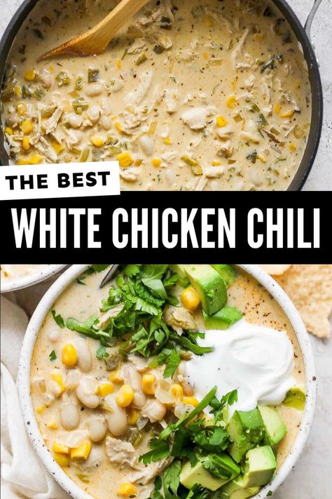 This white chicken chili is a hearty and creamy soup mixed with shredded chicken, beans, and cream cheese. It's ready in only 30 minutes! Spicy White Bean Chicken Chili, Spicy White Chicken Chili, White Chicken Chili Soup, White Chicken Chilli, Chicken Chili Soup, White Chicken Chili Healthy, Chicken Beans, White Chicken Chili Slow Cooker, White Chicken Chili Recipe