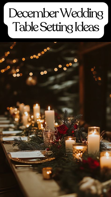 Elegant December wedding table settings with candles and gold accents. Wedding Table Centerpieces Christmas, Christmas Wedding Tablescape, Simple Winter Wedding Table Decor, Intimate Wedding Dinner Table, Winter Wedding Place Settings, Christmas Themed Wedding Reception, Round Table Candles, Intimate Christmas Wedding, Christmas Wedding Table Settings