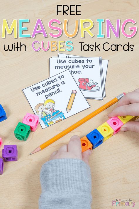 Measurement activities build kids' understanding by exploring weight, length, capacity, and area in hands-on ways using rulers and non-standard units. Kindergarten, 1st grade, and 2nd grade kids will enjoy measuring and building math skills at school and at home. Grab a free set of measuring task cards to use with cubes! #teachingmeasurement #measurementactivities #firstgrademath #kindergartenmath Teaching Measurement, Measurement Kindergarten, Classroom Kindergarten, Measurement Activities, Math Centers Kindergarten, Math Measurement, Prek Math, Kindergarten Math Activities, Math Activities Preschool