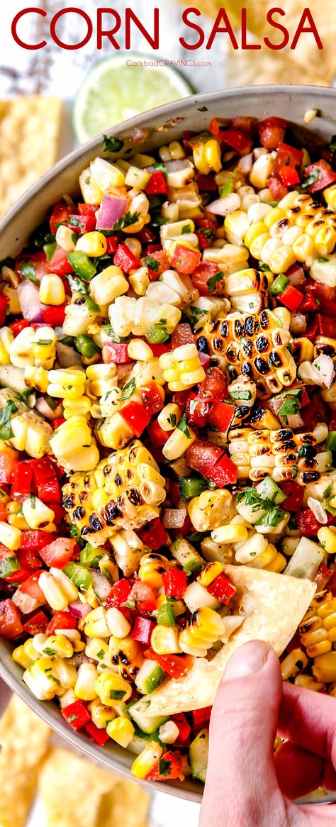 the BEST Corn Salsa! (tips, tricks, how to serve) - Carlsbad Cravings Sweet Corn Salsa, Cheese Sauces, Corn Salsa Recipe, Carlsbad Cravings, Corn Salsa, Juicy Tomatoes, Grilled Corn, Barbecue Recipes, Salsa Recipe