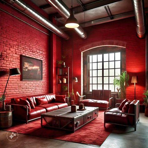 If you prefer an edgy and raw look, go for an industrial chic red living room. Exposed brick walls painted in deep red, metal furniture, and a large leather sofa will set the tone. Add red accent pieces like cushions, throws, and a rug to bring warmth to the industrial elements. Red Brick Wall Living Room Ideas, Red Brick Wall Living Room, Living Room Exposed Brick, Brick Wall Living Room Ideas, Brick Wall Living Room, Red Living Room, Industrial Room, Red Living, Living Room Red