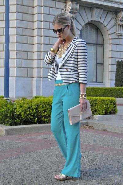 Great colors together Turquoise Pants Outfit, Teal Pants Outfit, Colored Trousers, Turquoise Pants, Pants Outfit Work, Colorful Pants, Dior Dresses, Teal Pants, Custom Made Dresses