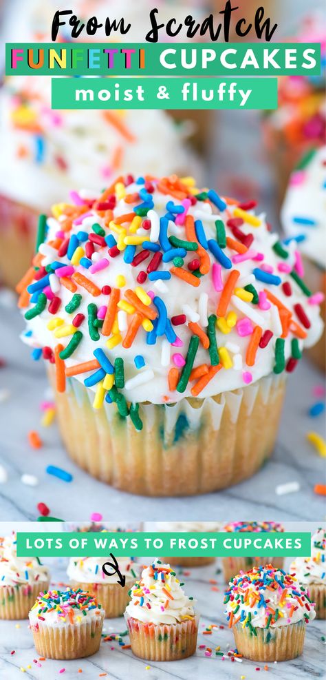 These fluffy and moist homemade funfetti cupcakes are the perfect birthday cupcake! Confetti cupcakes are full of sprinkles and can be topped with any frosting. Learn how to make birthday funfetti cupcakes from scratch with our tips. #funfetticupcakes #cupcakes #funfetticake Moist Confetti Cupcakes, Homemade Confetti Cupcakes, Funfetti Filled Cupcakes, Confetti Cupcakes Homemade, Fun Fetti Cupcakes, Homemade Funfetti Cupcakes, Funfetti Cupcake Recipe, Cupcakes From Scratch, Perfect Cupcakes