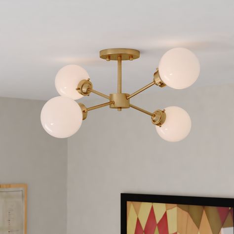 Orbit Brass Industrial Sputnik Semi Flush Mount Ceiling Light White Glass - Bed Bath & Beyond - 36590393 Entryway Light Fixtures, Entryway Lighting, Glass Globes, Semi Flush Lighting, Semi Flush Mount Lighting, Barn Lighting, Opal White, Guest Bath, Flush Ceiling Lights