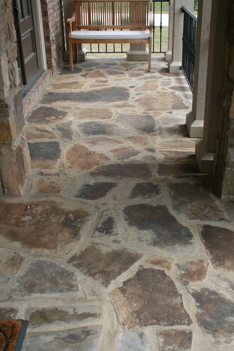 Stone Covered Porch, Stone Porch Ideas Entrance, Stone Front Porch Ideas, Stone Porch Floor, Rock Front Porch, Flagstone Front Porch, Rock Porch Ideas, Front Porch Stone Ideas, Flagstone Porch