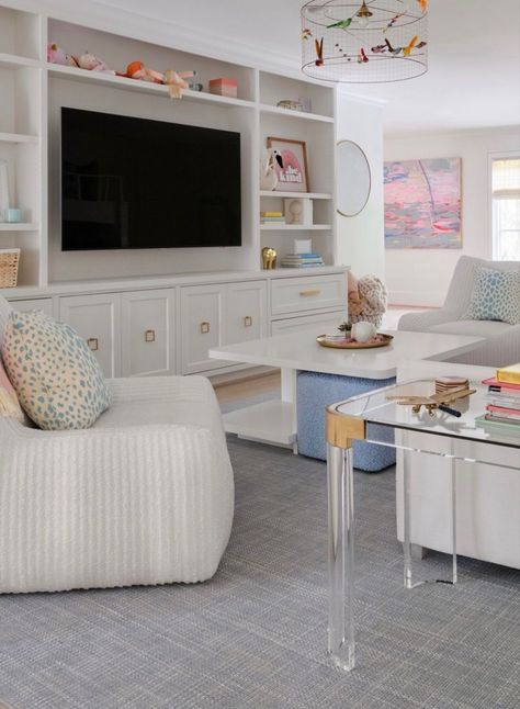 Playroom Entertainment Room, Playroom In Formal Living Room, Lounge Room Playroom, Kids Tv Playroom, Playroom Over Garage, Lounge And Playroom Combined, Game Room Playroom Combo, Built In Shelves In Playroom, Girls Tv Room Ideas