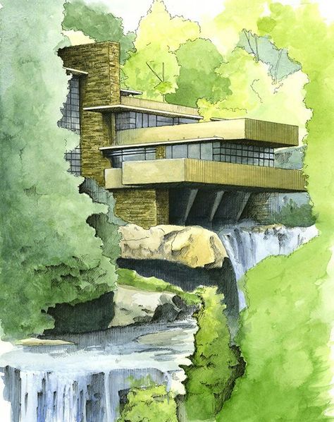 Water Rendering, Oasis Landscape, Croquis Architecture, Falling Water Frank Lloyd Wright, Interior Architecture Sketch, Falling Water House, Waterfall House, Perspective Drawing Architecture, Falling Water