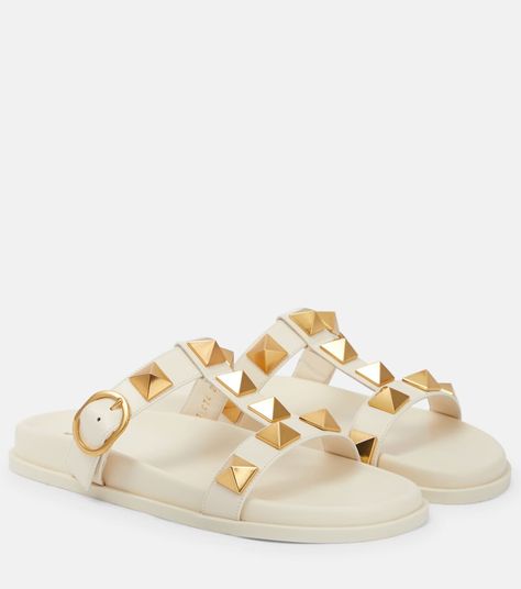 Valentino Slides, Valentino Sandals, Valentino Garavani Shoes, Leather Gladiator Sandals, Leather Slide Sandals, Black Leather Sandals, White Sandals, Sandals Brands, Studded Leather