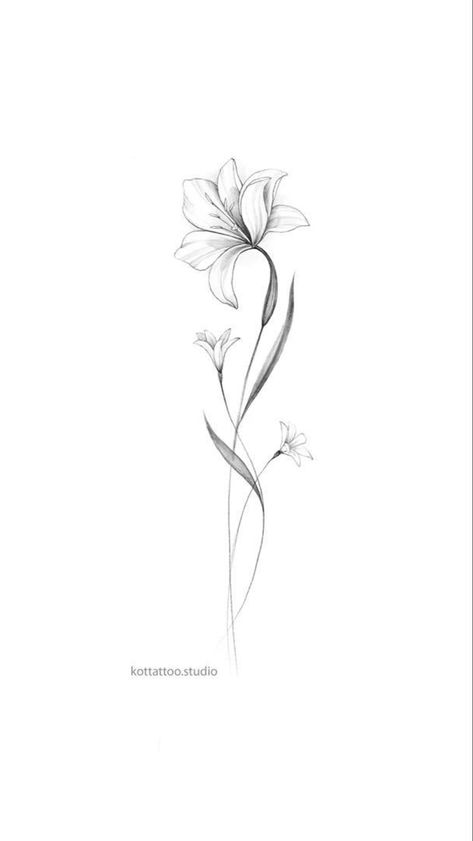 Tall Flower Tattoo, Fine Flower Tattoo Design, Tattoo Ideas Female Lower Stomach, Hummingbird And Lily Tattoo, Flora Tattoos For Women, Long Stem Flower Tattoo, Orchard Tattoo, Fineline Flower Tattoo, Flower Outline Tattoo