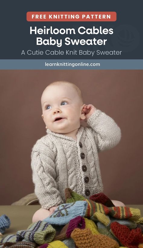 Keep your little one warm and comfy by making this classic button-up knitted cable baby sweater. This simple knitting pattern is an ideal project for intermediate knitters and makes for a nice basic everyday baby knitwear for fall and winter seasons. | More free knitting patterns and tutorials at learnknittingonline.com Cable Knit Sweater Pattern Free, Free Aran Knitting Patterns, Sweater Free Knitting Pattern, Cable Cardigan Knitting Patterns, Diy Macrame Projects, Baby Boy Knitting Patterns Free, Knit Baby Sweater, Boys Knitting Patterns Free, Knitting Space