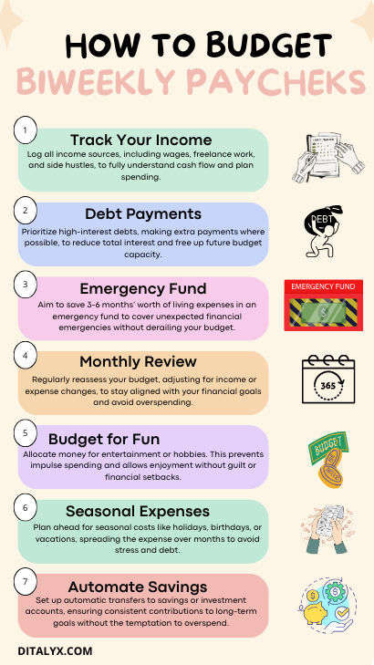 Biweekly budgeting infographic with seven essential steps for managing money on a biweekly paycheck. Includes tips on tracking income, prioritizing debt, creating an emergency fund, budgeting for fun, and automating savings. Perfect for low-income earners looking to save money and stay organized. Low Income Budget Plan, How To Budget For Beginners Biweekly, How To Save Money On A Low Income, Bill Chart, Savings Plan Biweekly, Biweekly Savings Plan Low Income, Biweekly Savings Plan, Weekly Savings Plan, Low Income Budgeting