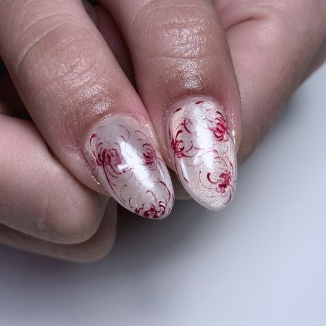 Spider lily 🥀 🤍 credit me if use as inspo 🤍 #spiderlily #gelx #gelextensions #naildesign #chrome Spider Lily Nails, Lily Nails, Spider Lily, Gel Extensions, Nail Designs, Lily, Nail Art, Nails, Art