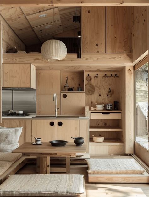 Japanese Style Small House, Tiny Cozy House, Mini House Interior, Japanese Interior Design Small Spaces, Japanese Tiny House Design, Tiny Japanese House, Tiny Kitchen Inspiration, Tiny House Wood, Japanese Cabin