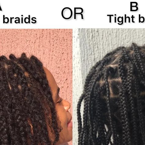 Tracy | 4c Natural Hair | 🇳🇬🇺🇸 on Instagram: "How do you like your braids? 1. Loose 2. Tight Loose braids reveal more volume than length and get frizzy a lot faster than tight braids . Tight braids on the other hand reveal more length than volume and takes a little longer before it gets frizzy unlike loose braids. Both hairstyles are lovely, it’s just a Matter of preference 😊 so which do you prefer? (Save for later. If viewing, follow for more natural hair content) #naturalhairdaily #na Loose Braid Hairstyles, Hair Content, Tight Braids, Loose Braids, 4c Natural, 4c Natural Hair, Long Natural Hair, Natural Hair Braids, Save For Later