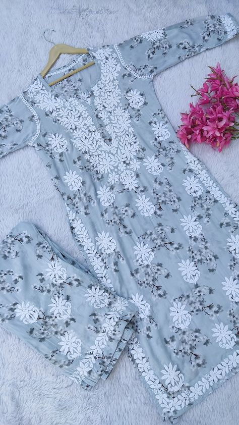 Modal Chikankari Set, Ethnic Wear, Party Wear Set, Lucknowi Chikankari , Handmade Kurta Set Chikan Kurta, Chikankari Dress, Kurti With Palazzo, Pakistan Dress, Kurta Palazzo Set, Simple Hand Embroidery Patterns, Chikankari Suits, Lucknowi Chikankari, Lehnga Dress