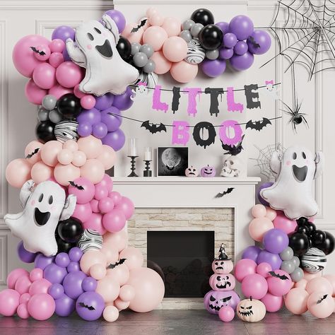 Halloween First Birthday, October Baby Showers, Halloween 1st Birthdays, Halloween Gender Reveal, Halloween Balloon, First Birthday Photography, Halloween Baby Shower Theme, Halloween Balloons, Purple Balloons