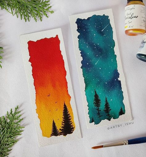 Watercolor Landscape Bookmark, Hippie Watercolor Painting, Bookmark Painting Ideas Watercolor, Watercolour On Canvas, Watercolour Bookmarks, Bookmark Watercolor, Creative Sketchbook, Summer Tree, Watercolor Art Journal