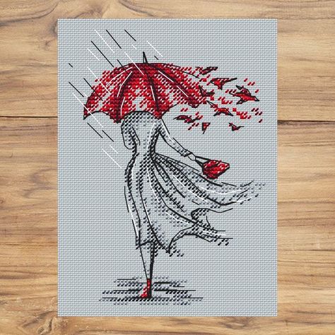 embroidery patterns Unique Cross Stitch Patterns, Umbrella Embroidery, Silhouette Embroidery, Stitch App, Red Cross Stitch, Cross Stitch Silhouette, Cross Stitch Beginner, Red Umbrella, Girl Silhouette