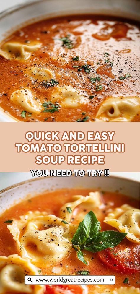 Indulge in a bowl of Creamy Tomato Tortellini Soup that embodies comfort in every spoonful! This rich and flavorful soup blends juicy tomatoes, hearty tortellini, and optional cream for a velvety texture that warms you from the inside out. Ideal for family dinners or entertaining guests, this recipe is both effortless and delicious. In under 30 minutes, you can create a visually stunning dish that’s perfect for sharing. Add a sprinkle of fresh basil on top, and watch it disappear! Soups Made With Tortellini, Tomato Soup Meal Ideas, Soups With Tortellini Easy Recipes, Tomato Soup Tortellini, Tomato Based Tortellini Soup, Creamy Parm Tomato Soup, Tomato Base Soup Recipes, Quick Tortellini Soup, Tomato And Tortellini Soup