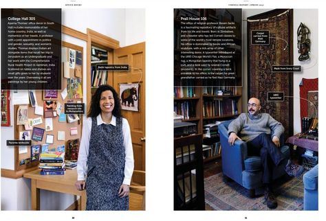 Left: College Hall 305 Aparna Thomas’ office decor in South Hall includes memorabilia of her home country, India, as well as mementos of her travels. A professor with a joint appointment in politics and gender, sexuality, and women’s studies, Thomas displays Indian art alongside items that recall her trip to Jerusalem as an undergraduate and her work with the Comprehensive Rural Health Project in Jamkhed, India. Scattered on tables and shelves are small gifts given to her by students over the ye Professor Office Decor College, College Professor Office Decor, College Professor Office, Professor Office Decor, Aparna Thomas, Professor Office, Cornell College, College Professor, Undergraduate