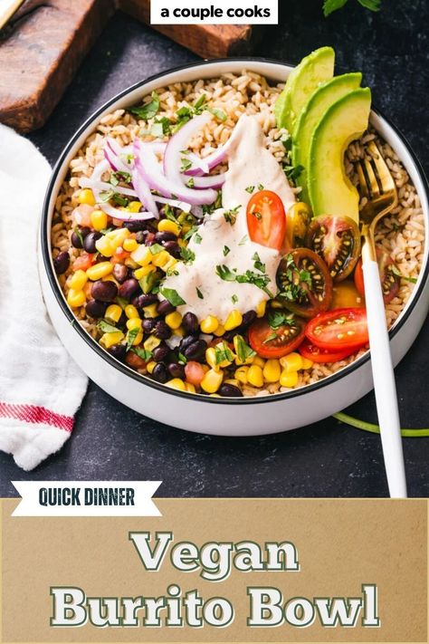 This Vegan Burrito Bowls are an easy, healthy dinner option! Packed with veggies, beans, and a creamy chipotle dressing, these bowls are satisfying and full of flavor. Pop over to our site for the recipe! Daniel Fast Breakfast Ideas, Daniel Fast Lunch, Daniel Fast Snacks, Daniel Fast Breakfast, Daniel Fast Food List, Daniel Fast Food, Vegan Burrito Bowl, Creamy Chipotle Dressing, Fast Food List