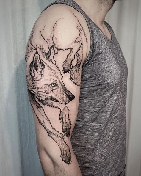 Illustrative Wolf Tattoo, Maned Wolf Tattoo, Cool Wolf Tattoos, Lycan Tattoo, Tattoos For Guys Unique, Wolf Arm Tattoo, Wolf Tattoo Sketch, Tattoo Japon, Wolf Skull Tattoo