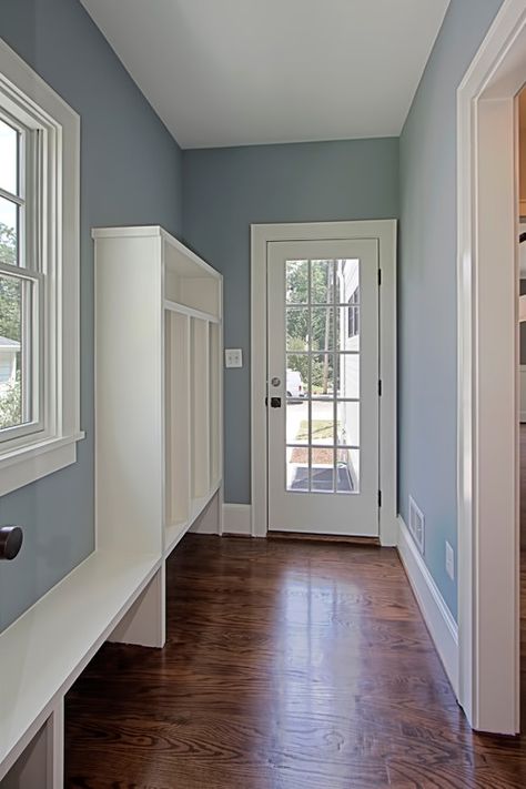 Nimbus Gray Benjamin Moore Paint Color Trends, Nimbus Gray, New Neutrals, Hallway Paint, Blue Gray Paint Colors, Blue Gray Paint, Oak Trim, Trending Paint Colors, Favorite Paint Colors