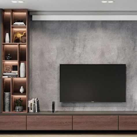 Industrial Tv Unit Design, Industrial Media Wall, Tv Room Ideas Cozy, Design Tv Wall, Living Room Tv Cabinet Designs, Small Tv Room, Luxury Tv Wall, Wall Mounted Tv Unit, Media Room Seating