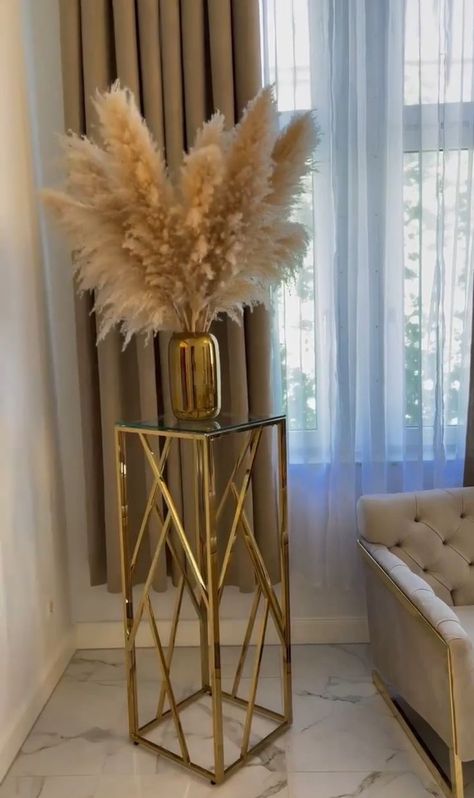 Flower Centerpieces For Home With Gold Vase, Floor Vase Arrangement Gold, Dining Table Vase Flowers Farmouse Gold 3, Tall Gold Vase With Flowers, Golden Home Decor, Pampas Grass Floor Vase Gold, Stylish Room Decor, Luxury Sofa Living Room, Gold Living