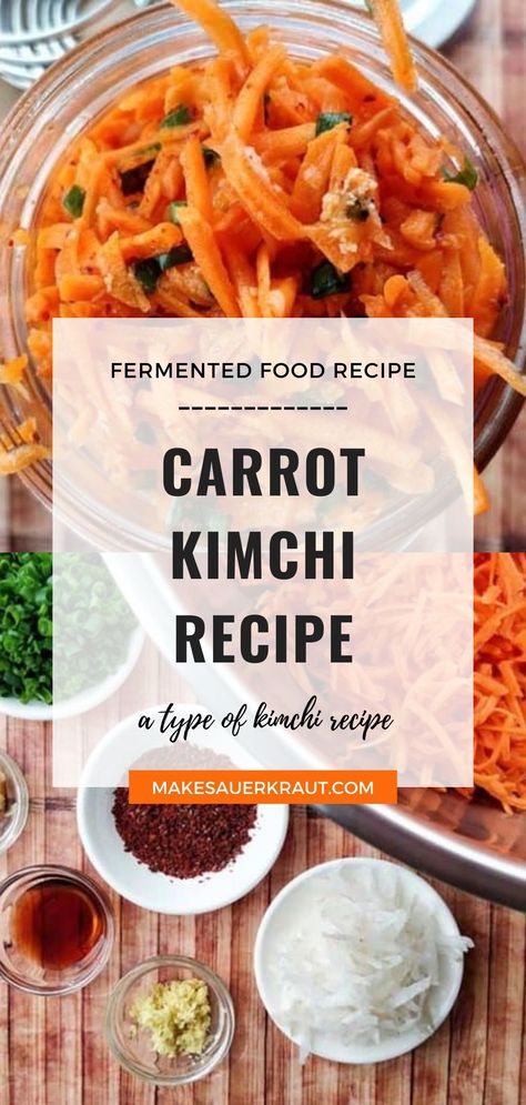 Carrot Kimchi, or Tanggun Kimchi, is just one of over one-hundred types of kimchi. Shredded carrots brined and flavored like kimchi. This fermented kimchi recipe is a must-try meal idea! Visit the blog post for the complete recipe! Sweet Potato Kimchi, Canning Kimchi, Carrot Kimchi Recipe, Types Of Kimchi, Fermented Carrots Recipe, Cilantro Kimchi, Kimchi Carrots, Carrot Kimchi, Kimchi Recipe Ideas