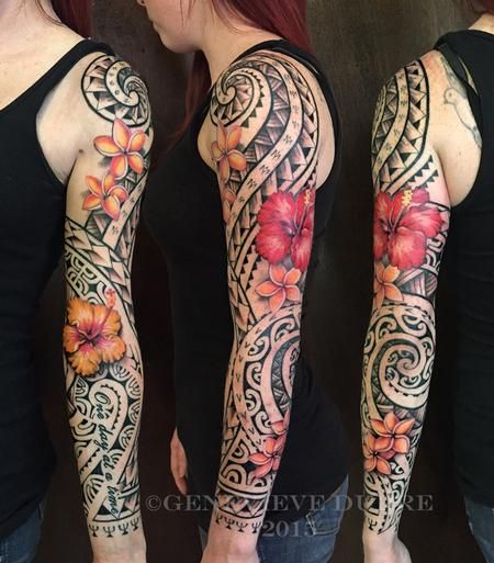 Genevieve Dupre - Tropical flower Polynesian sleeve Polynesian Tattoos Women, Maori Tattoos, Women Tattoos, Polynesian Tattoo Designs, Samoan Tattoo, Hawaiian Tattoo, Geniale Tattoos, Flower Tattoo Sleeve, Arm Sleeve Tattoos